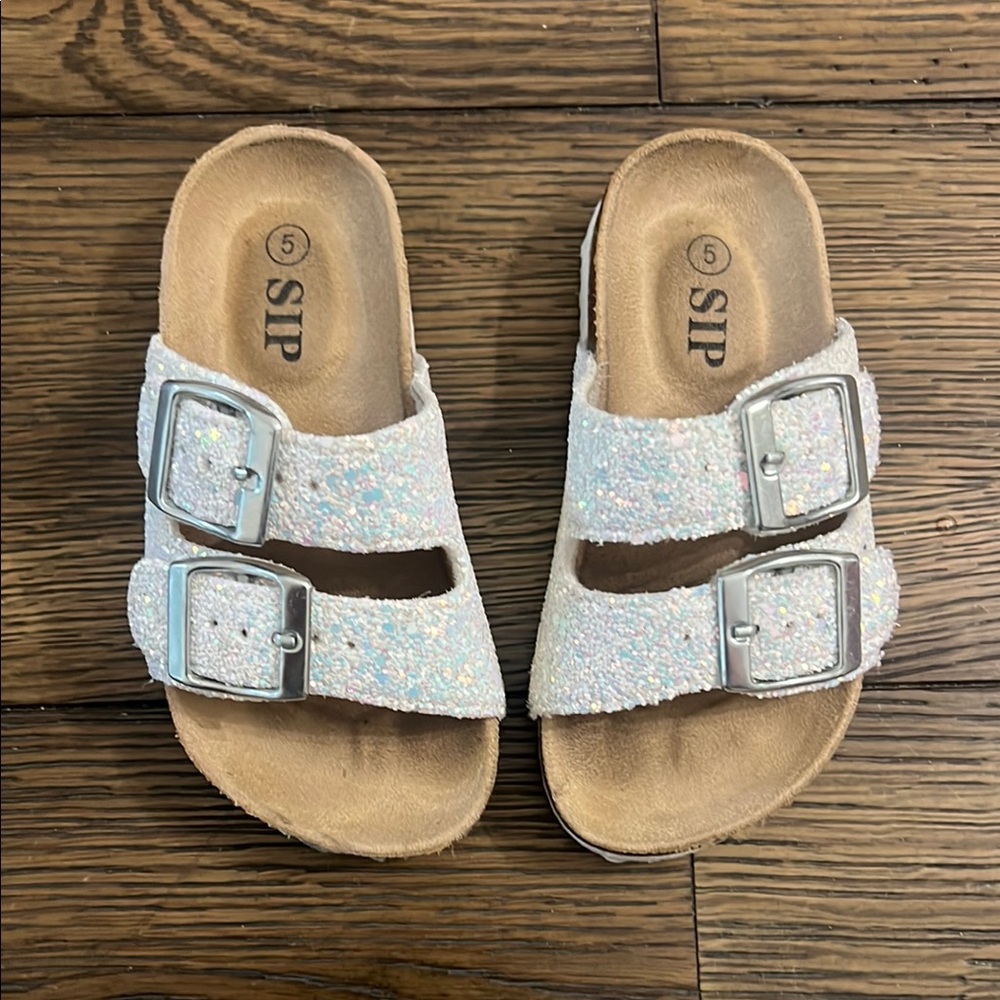 White glitter Comfort Sandals with Cork Footbed Toddler size 5